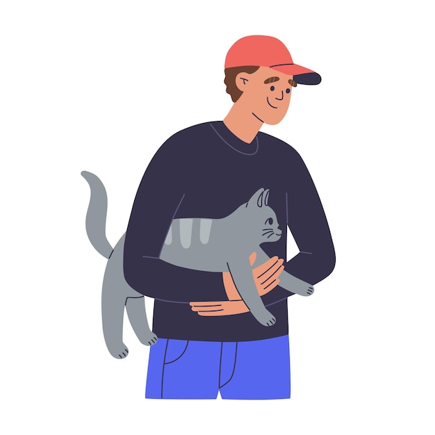 Vector joven sosteniendo un lindo gato. propietario con amado animal de compañía. ilustración de vector de color dibujado a mano