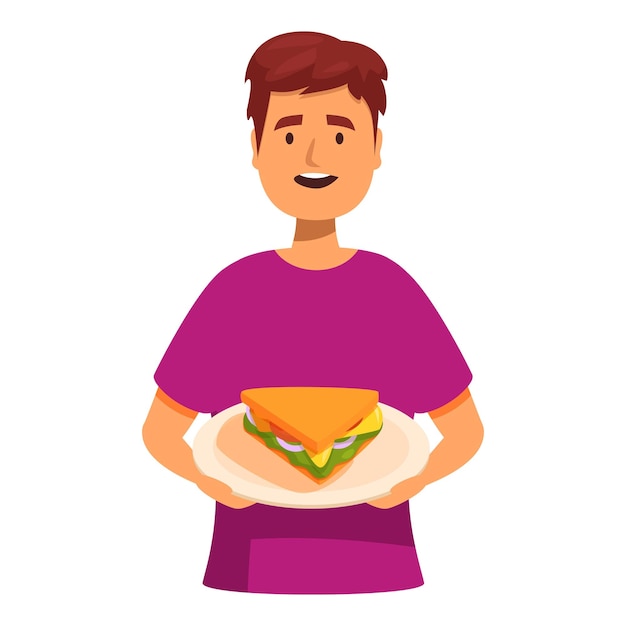 Joven sosteniendo un plato con un gran sándwich sabroso sonriendo