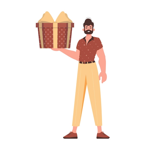 Un joven sostiene un regalo Ilustración de vector colorido plano moderno