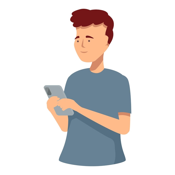 Vector un joven sostiene un teléfono inteligente navegando por internet o usando una aplicación móvil
