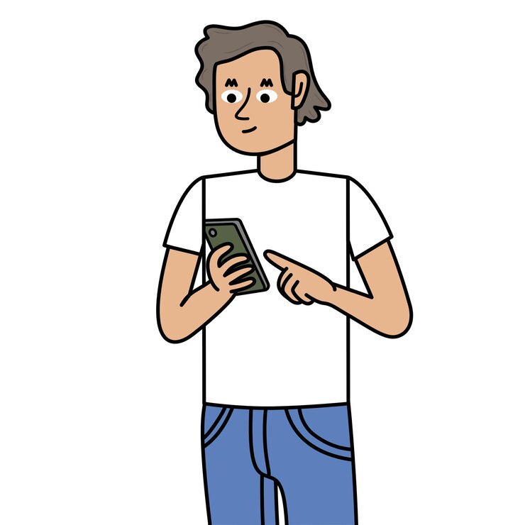 Vector joven con su teléfono celular y respondiendo mensajes