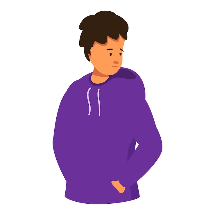 Vector joven con una sudadera púrpura mirando hacia abajo con una expresión triste