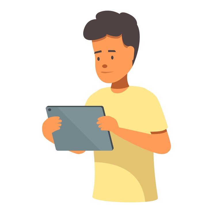 Vector joven con una tableta digital navegando por internet