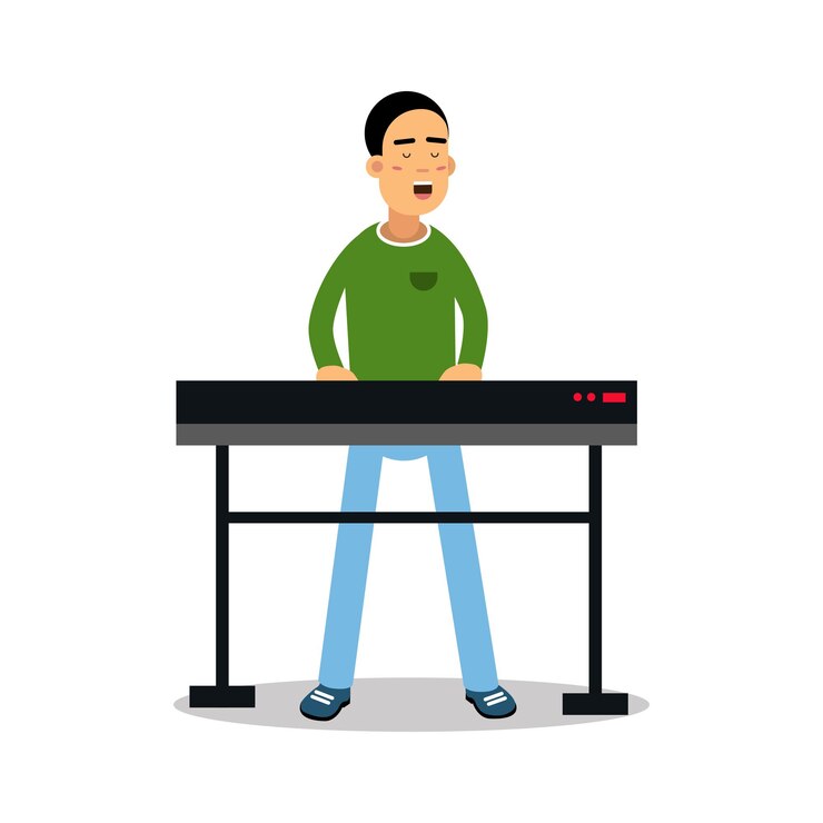 Vector joven teclista tocando sintetizador y cantando vector de personaje de dibujos animados ilustración aislada sobre fondo blanco