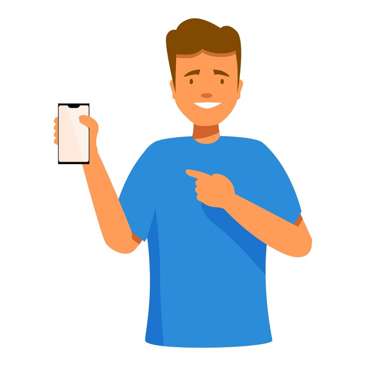 Joven con un teléfono inteligente y señalando con el dedo una pantalla vacía