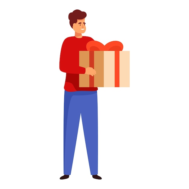 El joven tiene una caja de regalos con una cinta roja y está sonriendo.