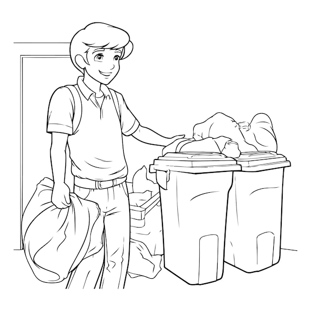 Vector joven tirando basura en el contenedor de basura ilustración vectorial en blanco y negro