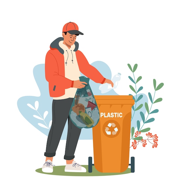Un joven tirando desechos plásticos clasificando basura Un niño separando basura para promover la limpieza