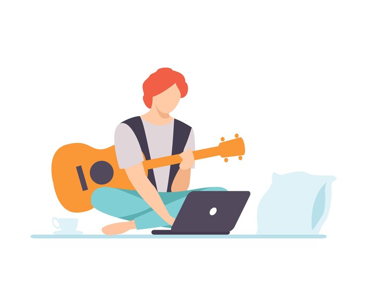 Vector joven tocando la guitarra hombre aprendiendo la guitarra a través de internet curso usando computadora portátil educación en línea hobby ilustración vectorial en fondo blanco
