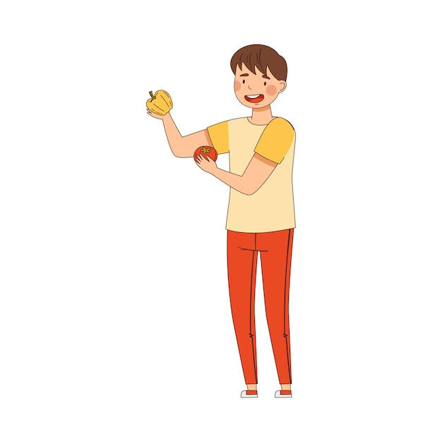 Joven con tomate y pimienta como fuente de vitaminas y energía Ilustración vectorial