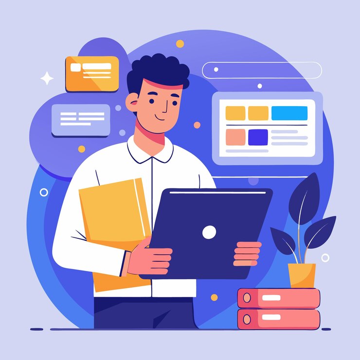 Vector joven trabajando en una computadora portátil con documentos