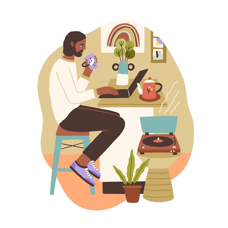 Vector joven trabajando o estudiando en línea en un hogar acogedor. freelancer sentado con una laptop, escuchando música y bebiendo té. ilustración de vector plano de color dibujado a mano aislado sobre fondo blanco.