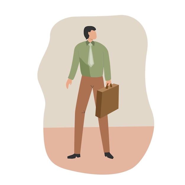 Joven en traje con bolsa aislado sobre fondo blanco Empresario gerente oficinista líder en estilo plano Ilustración vectorial