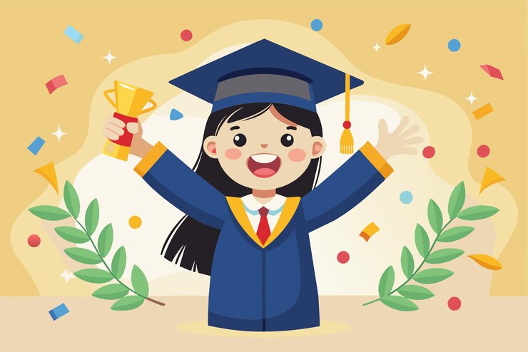 Vector una joven con traje de graduación sostiene con orgullo un trofeo mientras celebra su logro niña en la graduación ilustración de dibujos animados personalizable