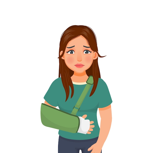 Una joven triste con un brazo roto que sufre una lesión en la mano usando una férula de mano con un cabestrillo en el brazo