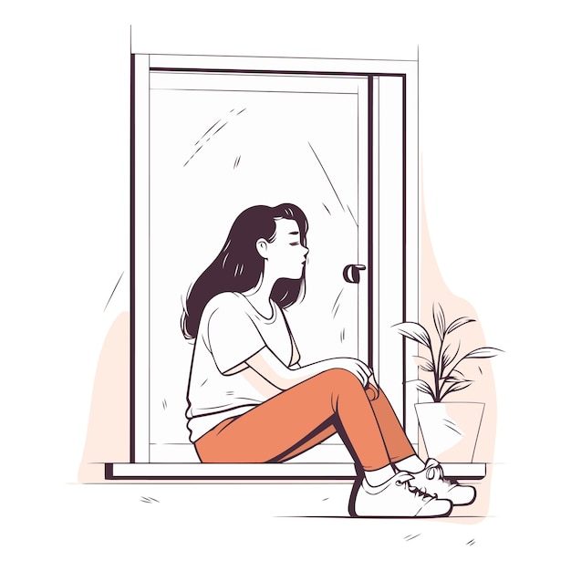 Una joven triste sentada frente a la ventana.