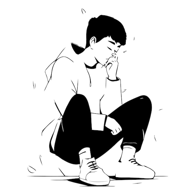 Vector un joven triste sentado en el suelo en estilo boceto