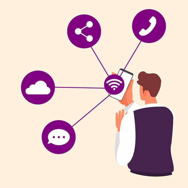 Joven usa datos de señal wifi para la comunicación en el día mundial de las telecomunicaciones de teléfonos inteligentes ilustración de vector gráfico plano coloreado aislado sobre fondo de melocotón