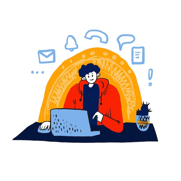 Joven usando laptop doodle art