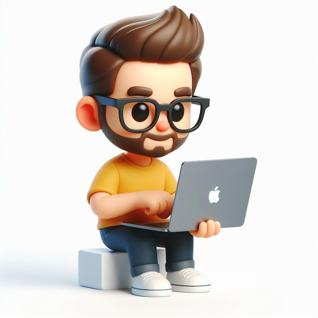 Joven vectorial trabajando y estudiando en una computadora portátil