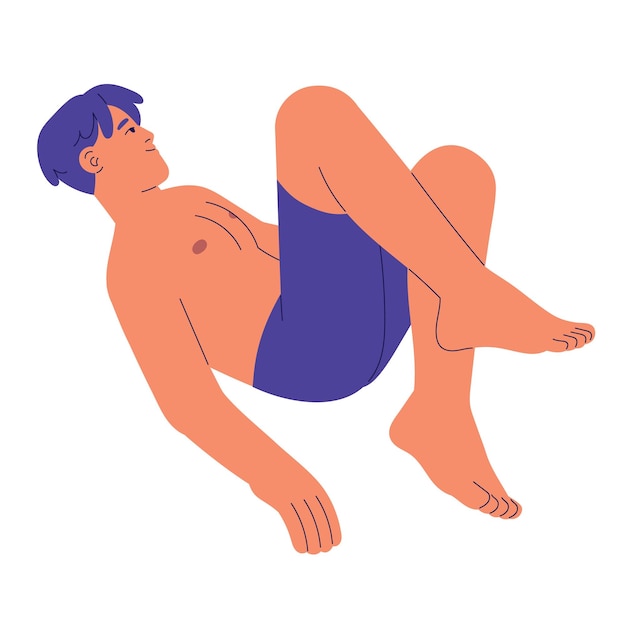 Joven volando en un sueño Persona acostada en el aire Gente descansando en gravedad cero Niño relajándose con las rodillas dobladas Hombre flotando en la imaginación Concepto de vuelo Ilustración de vector aislado plano sobre fondo blanco