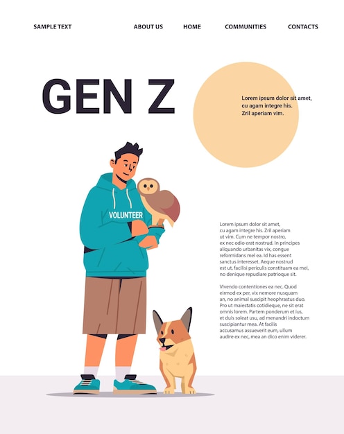 Joven voluntario con animales de perro y búho divirtiéndose generación z concepto de estilo de vida copia vertical espacio vector ilustración