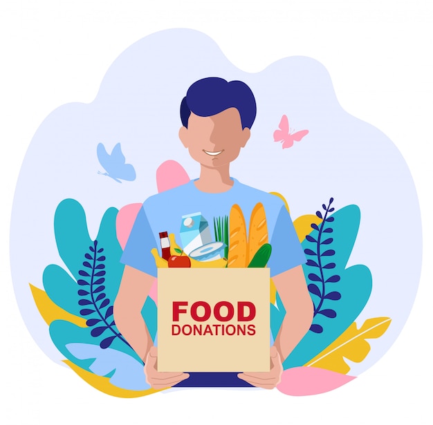 Joven voluntario con cajas de donación de alimentos. ilustraciones de concepto Concepto de donación de alimentos con carácter. Se puede usar para banner web, infografías, imágenes de héroes.