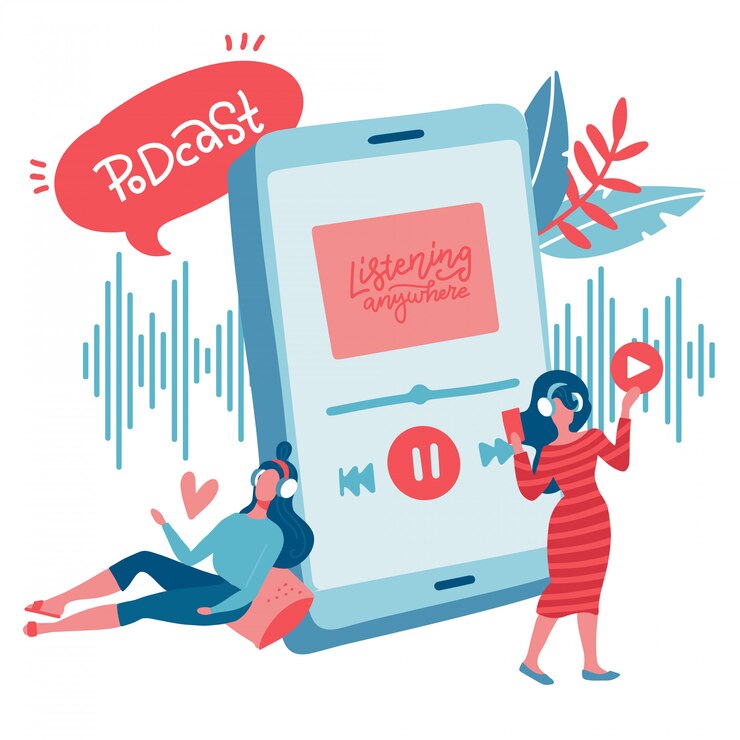 Vector jóvenes adolescentes escuchando música favorita a través de la aplicación móvil. personaje femenino plano. transmisión de radio en línea por internet, aplicaciones de música, concepto de podcast en línea de lista de reproducción. ilustración.