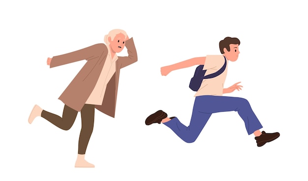 Jóvenes aislados personaje de dibujos animados corriendo a toda prisa sintiendo pánico y estrés