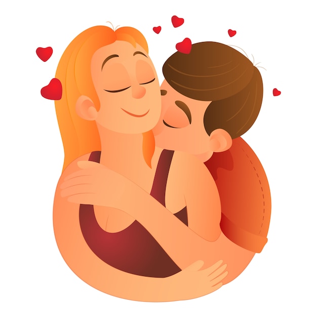 Vector jóvenes amantes felices pareja abrazándose novio abraza a su novia por detrás y la besa en el cuello hombre y mujer primera vez amor y sexo dibujos animados ilustración plana para el día de san valentín