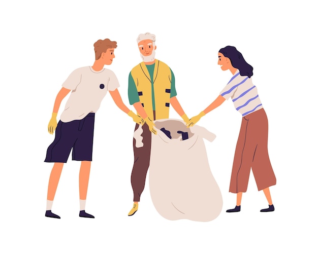 Jóvenes y ancianos limpiando la naturaleza recogiendo basura en bolsas de basura. Familia trabajando juntos y recogiendo basura plástica. Ilustración de vector plano coloreado aislado sobre fondo blanco.