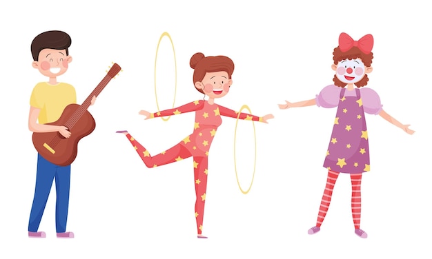 Jóvenes artistas callejeros con chicas haciendo malabarismos con Hoola Hoop y chicos tocando guitarra con un conjunto vectorial