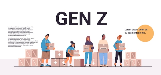 Jóvenes con cajas de ayuda para donaciones con suministros médicos material de ayuda humanitaria generación de asistencia concepto z espacio de copia horizontal ilustración vectorial de longitud completa