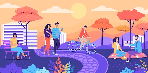 Jóvenes caminando en la ilustración de vector colorido del parque de la ciudad de otoño