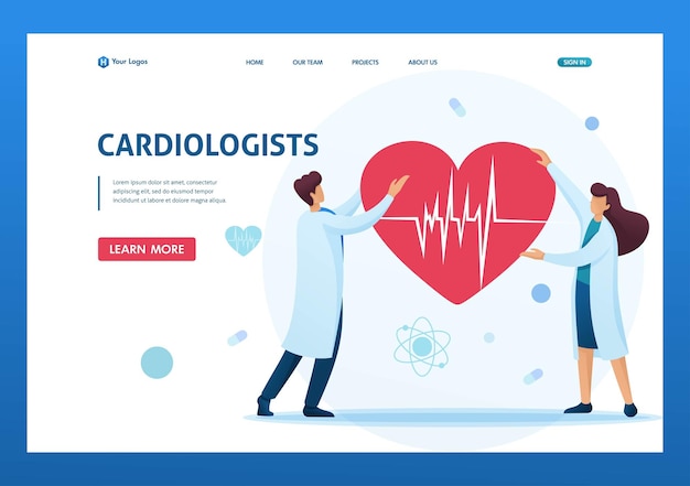 Jóvenes cardiólogos sostienen un corazón con un electrocardiograma en sus manos carácter 2d plano conceptos de página de destino y diseño web