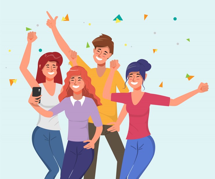 Vector los jóvenes celebran fiestas con baile y selfie juntos en vacaciones.