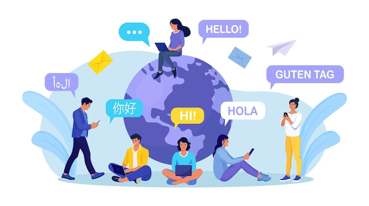 Vector jóvenes charlando en idiomas extranjeros con teléfono. saludo multilingüe. hola en diferentes idiomas. diversas culturas, comunicación internacional. estudiantes con bocadillos y planeta tierra.