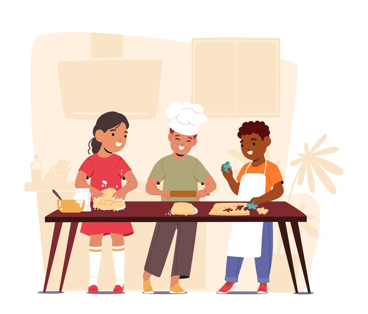 Vector jóvenes chefs con uniformes de chef preparando deliciosas galletas personajes infantiles exploran delicias culinarias poniéndose delantales y creando dulces obras maestras en la cocina personas de dibujos animados ilustración vectorial