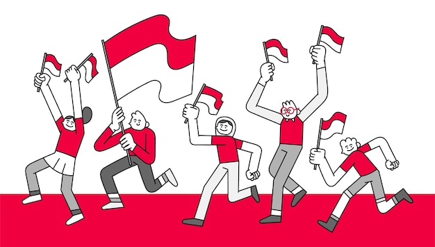 Jóvenes corriendo mientras sostienen banderas Ilustración de personajes dibujados a mano
