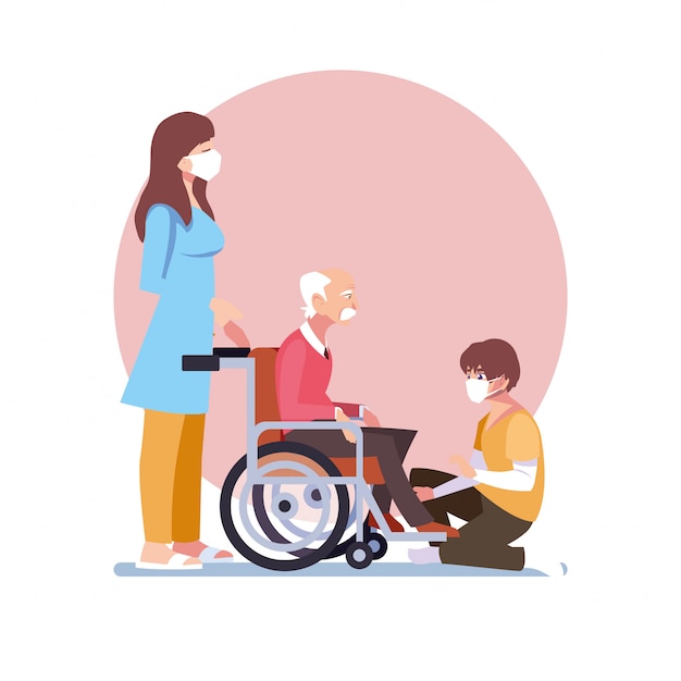Vector los jóvenes cuidan al anciano en silla de ruedas