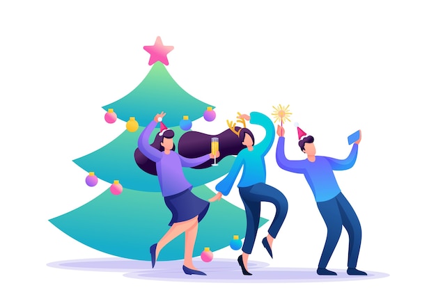 Vector los jóvenes se divierten cerca del árbol de navidad, riendo, bailando, tomando fotografías.