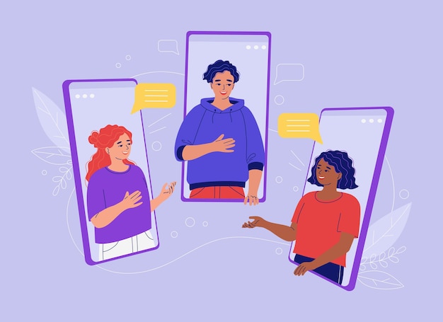 Vector los jóvenes están hablando en una videollamada a través de un teléfono inteligente.