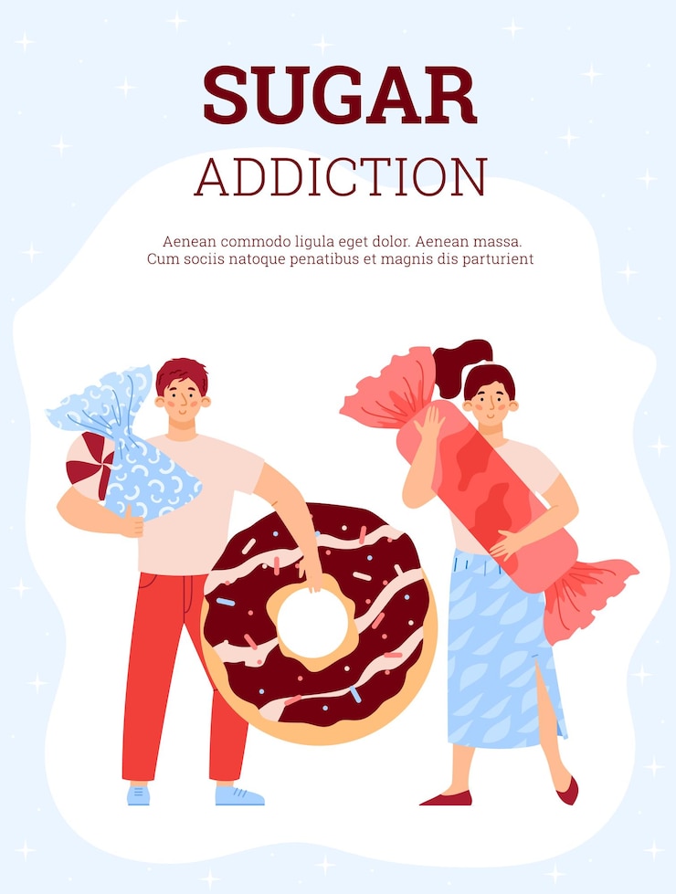 Vector jóvenes felices con adicción al azúcar con postres dulces, donas y dulces