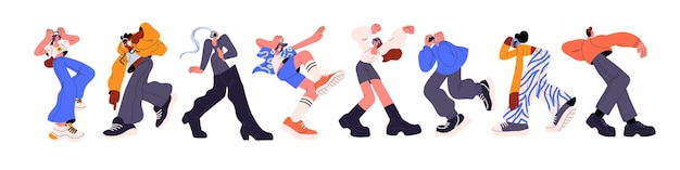 Jóvenes felices bailando escuchando música con auriculares Hombres modernos Mujeres personajes con auriculas en acción Movimiento divertidas poses movimiento Ilustraciones vectoriales planas aisladas sobre fondo blanco