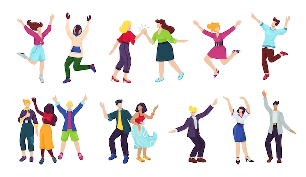 Jóvenes felices isoated en blanco conjunto de ilustraciones. Concepto de felicidad, libertad, movimiento, diversidad y personas juntas. Grupo de hombres y mujeres sonrientes felices saltando, divirtiéndose poses.