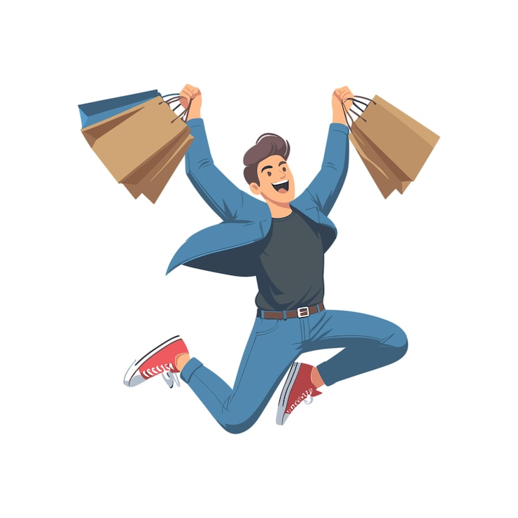 Vector jóvenes felices saltando con bolsas de compras comprando con un gran concepto de descuento