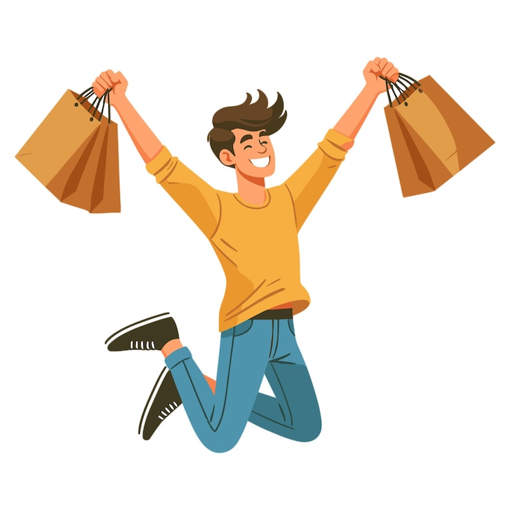 Vector jóvenes felices saltando con bolsas de compras comprando con un gran concepto de descuento
