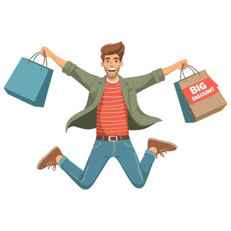 Vector jóvenes felices saltando con bolsas de compras comprando con un gran concepto de descuento
