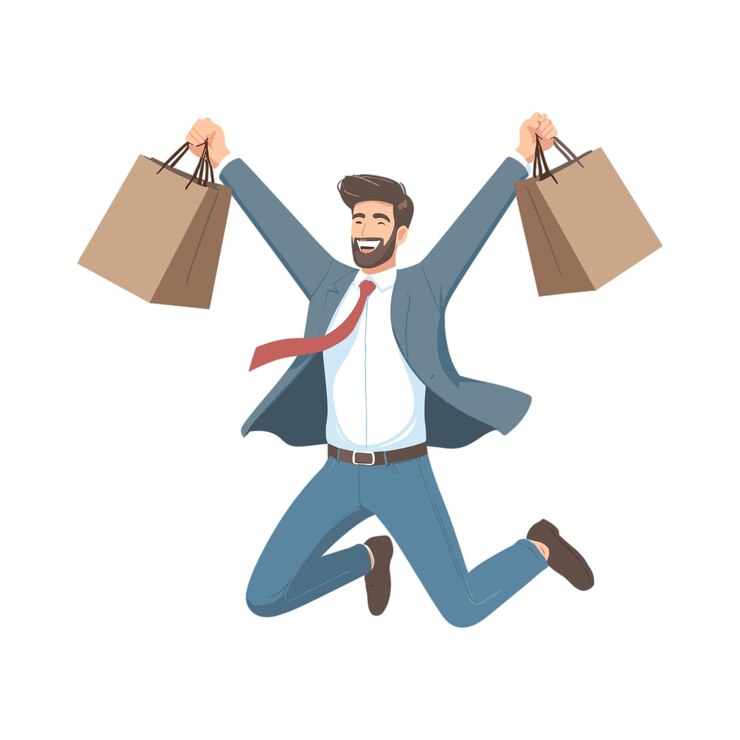 Vector jóvenes felices saltando con bolsas de compras comprando con un gran concepto de descuento