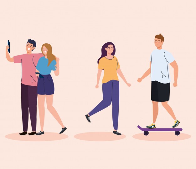 Jóvenes haciendo actividades avatar personajes ilustración diseño
